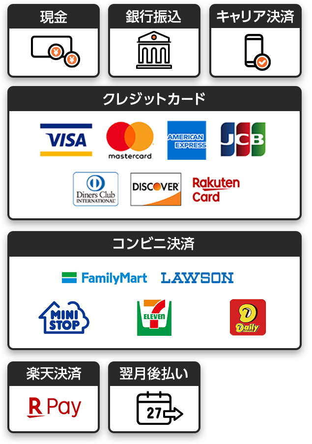 各種カード払い可能、VISA、mastercard、AMERICAN EXPRESS、JCB、Diners Club